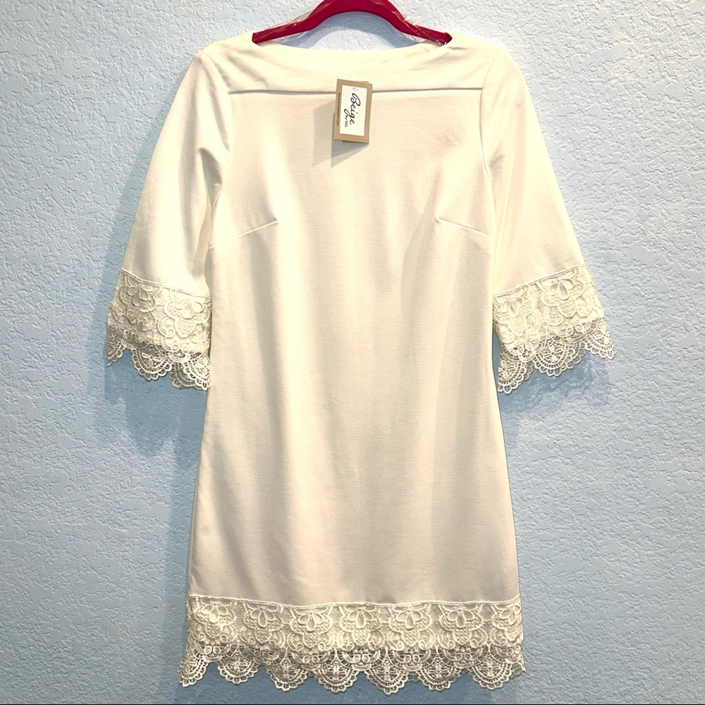 NEW WITH TAG Beige By ECI Sheath Dress 3/4 sleeve ivory heavy lace trim, Size 6
